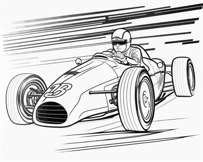 Omaľovánka jazdca v prilbe a okuliaroch v historickej závodnej formule s číslom